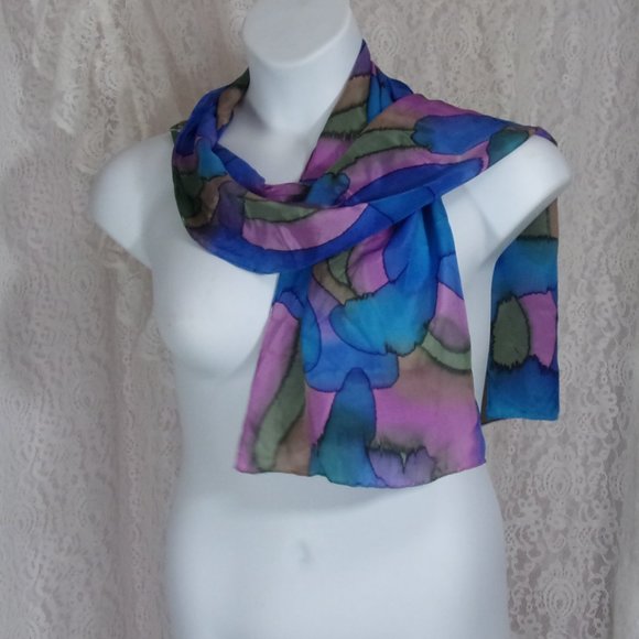 Accessories - Oblong Silk Tie Dyed Scarf Susie Hardy Stained Glass Blue and Lavender NWOT